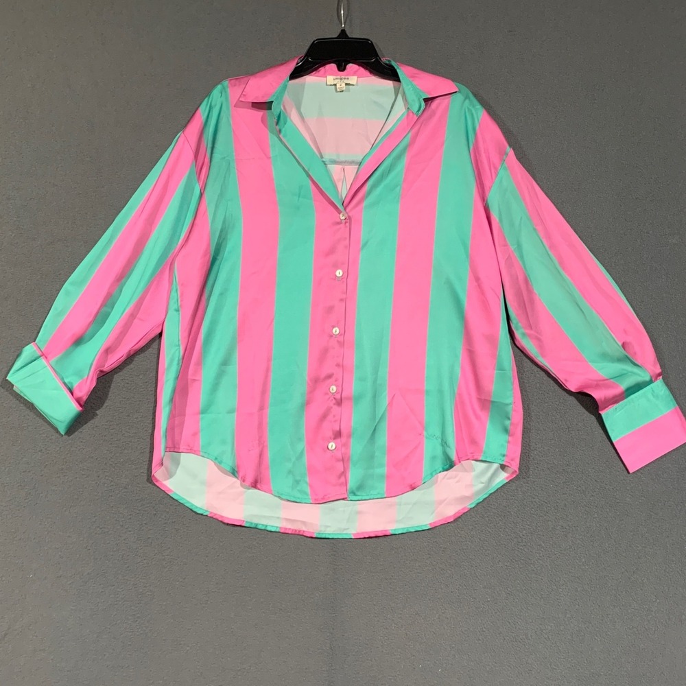 Umgee Button Up Shirt Womens Medium Pink Teal Striped Oversized Satin NWOT